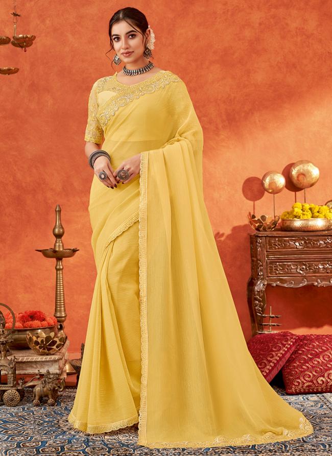 Chiffon Yellow Party Wear Embroidery Work Saree